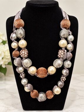 Chico’s Multi Strand Statement Necklace Pearl Sequin Rose Gold Silver Ribbon